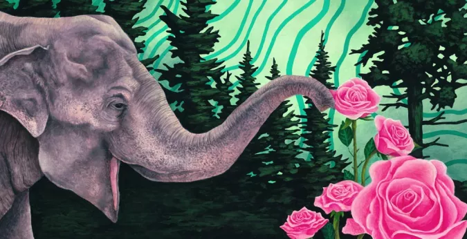 license plate art with Asian elephant reaching for roses