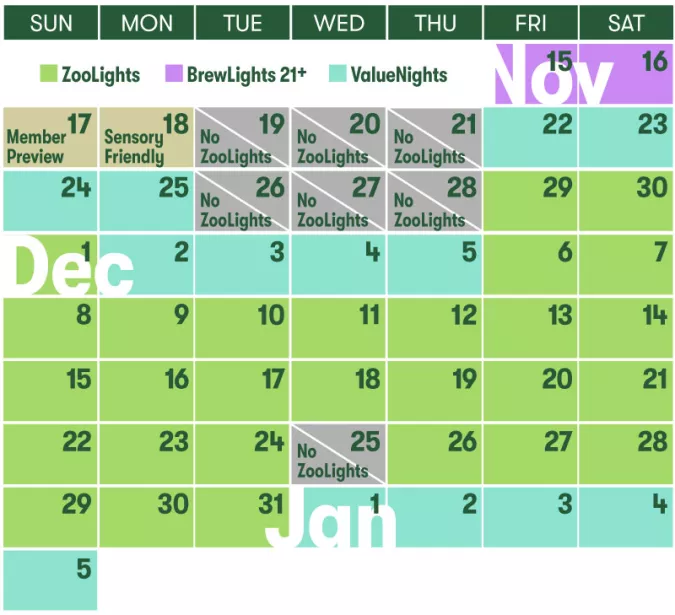 ZooLights calendar at-a-glance infographic. All information shown is available when purchasing tickets.