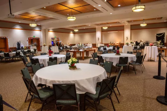 ballroom set up with holiday decorations