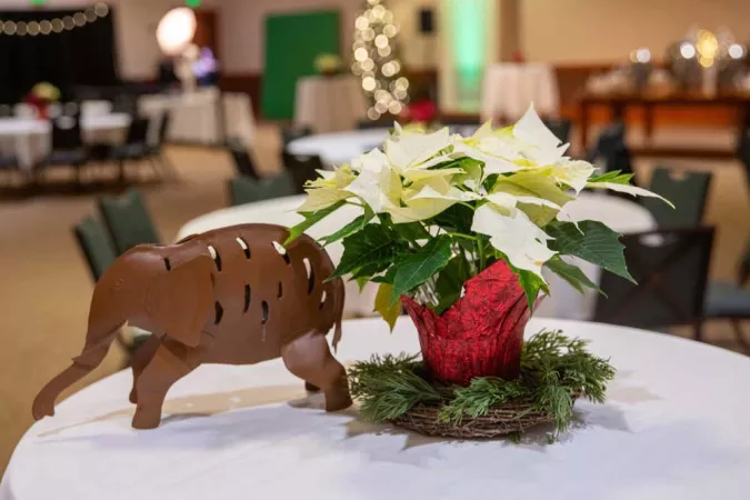 table setting with white poinsettia and metal elephant sculpture with holiday lights in background