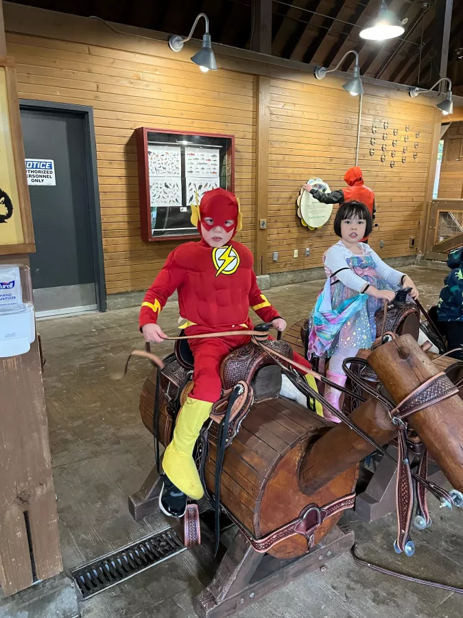 Children in costumes riding wooden play horses indoors. One child is dressed as the Flash, wearing a red suit with a lightning bolt symbol, while the other is dressed as a princess in a colorful dress. They are holding reins and appear to be having fun in a play area.